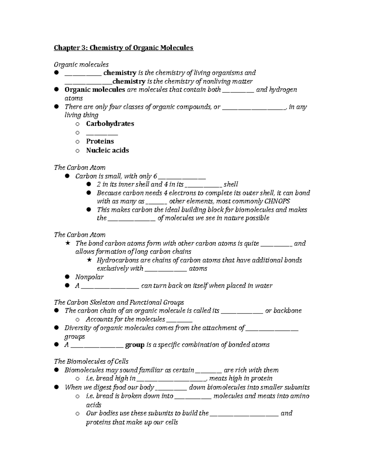 Chapter 3 Outline, BIO 156 - Chapter 3: Chemistry of Organic Molecules ...