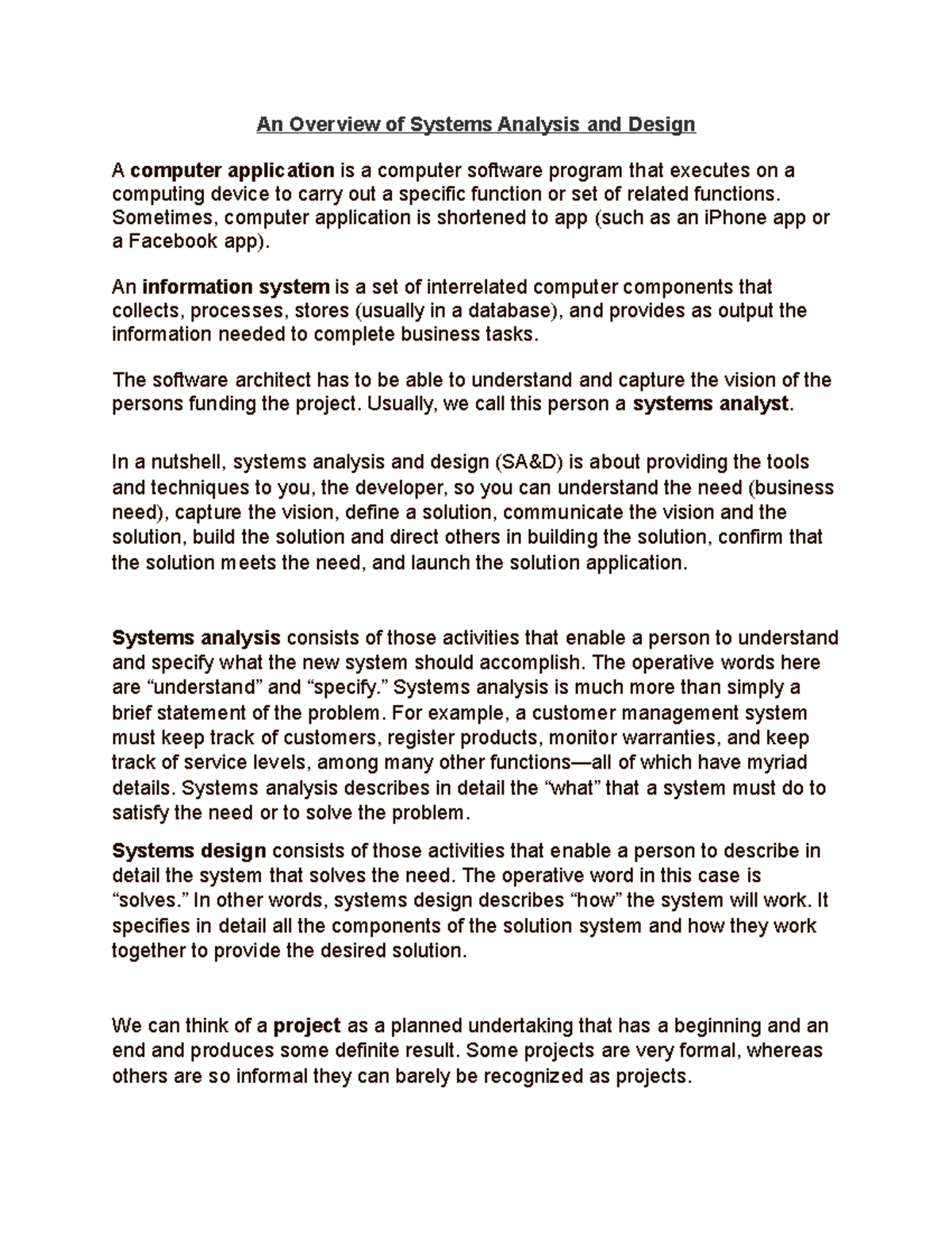 Chap1 - Some notes I took to get me started on this course. - An Overview of  Systems Analysis and - StuDocu