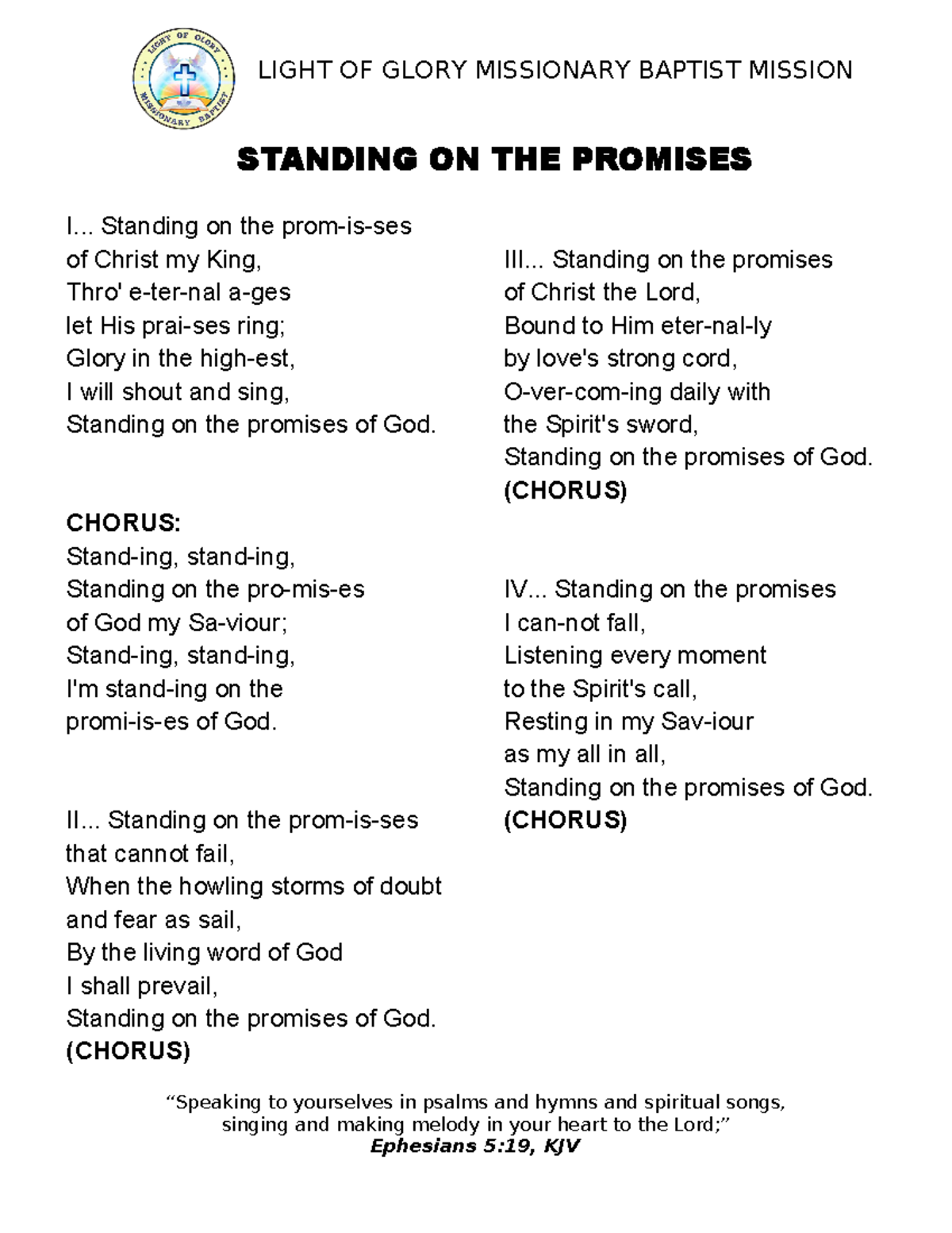 Lgmbmm - notes - I... Standing on the prom-is-ses of Christ my King ...