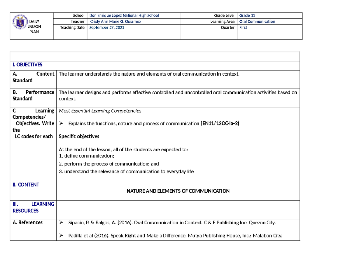 Lesson Plan Guide - DAILY LESSON PLAN School Don Enrique Lopez National ...