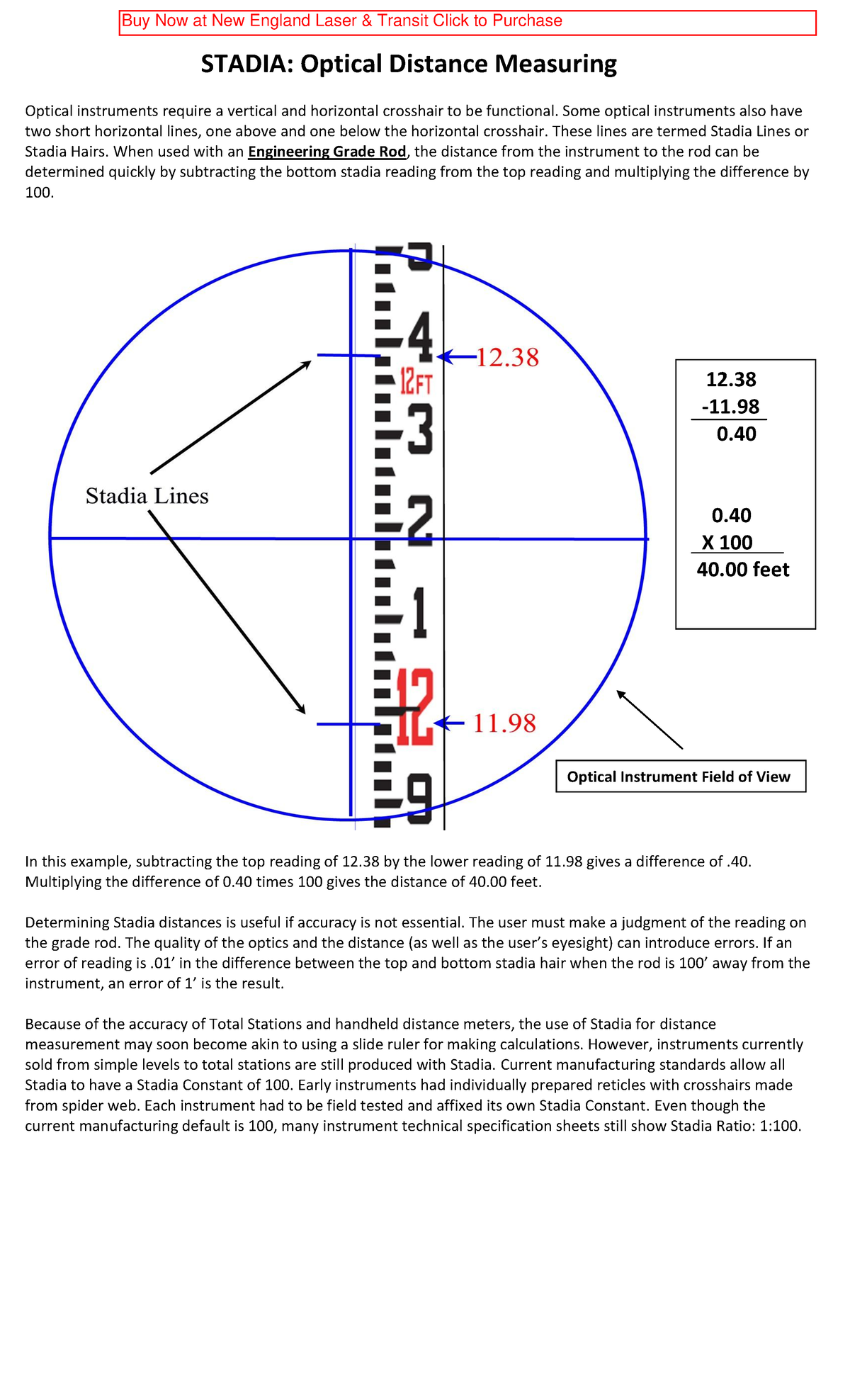 Stadia check STADIA Optical Distance Measuring Optical instruments require a vertical and
