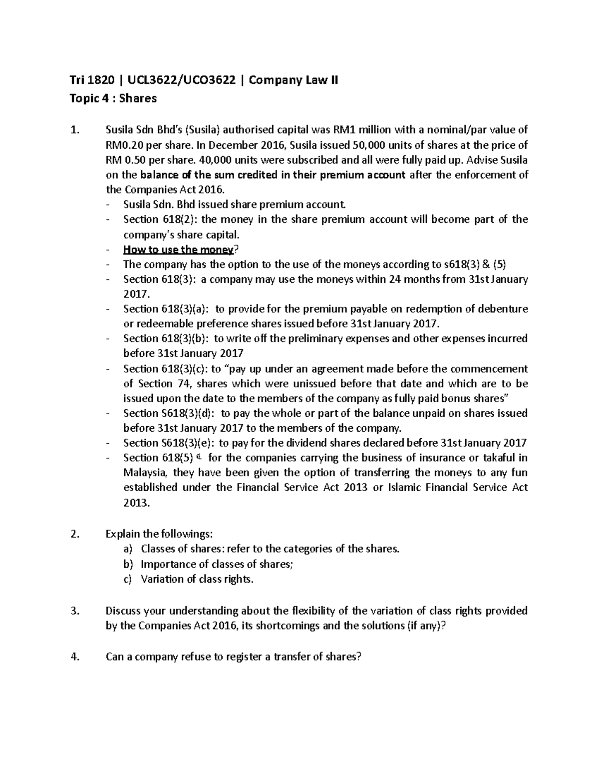 Tutorial 4- Topic 4 Question - Company Law 2 - MMU - Studocu