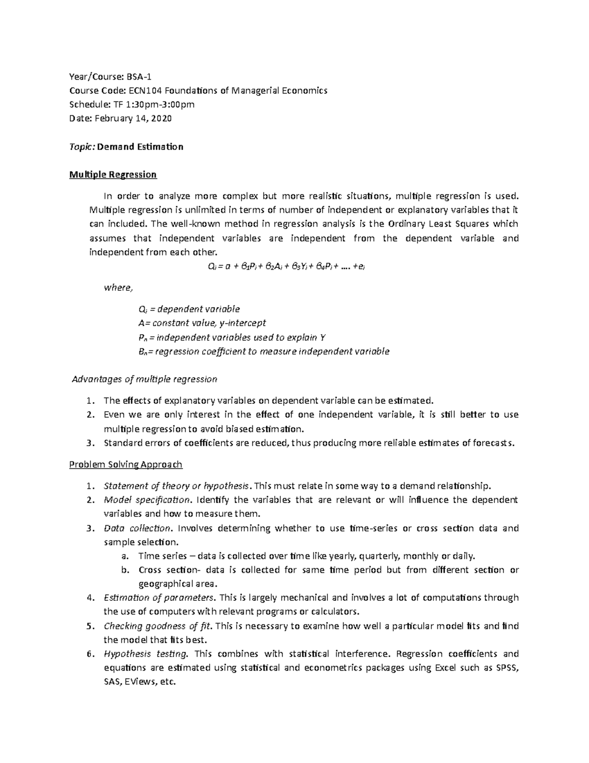 Demand estimation multiple regression - Year/Course: BSA- Course Code ...