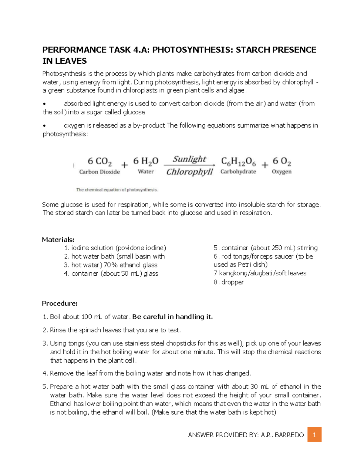 Biology - Photosynthesis Worksheet WITH Answer - PERFORMANCE TASK 4 ...