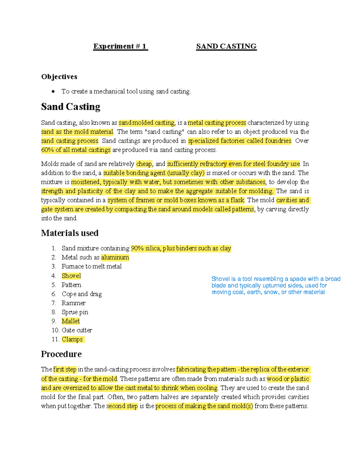 Experiment 01 casting notes Experiment 1 SAND CASTING