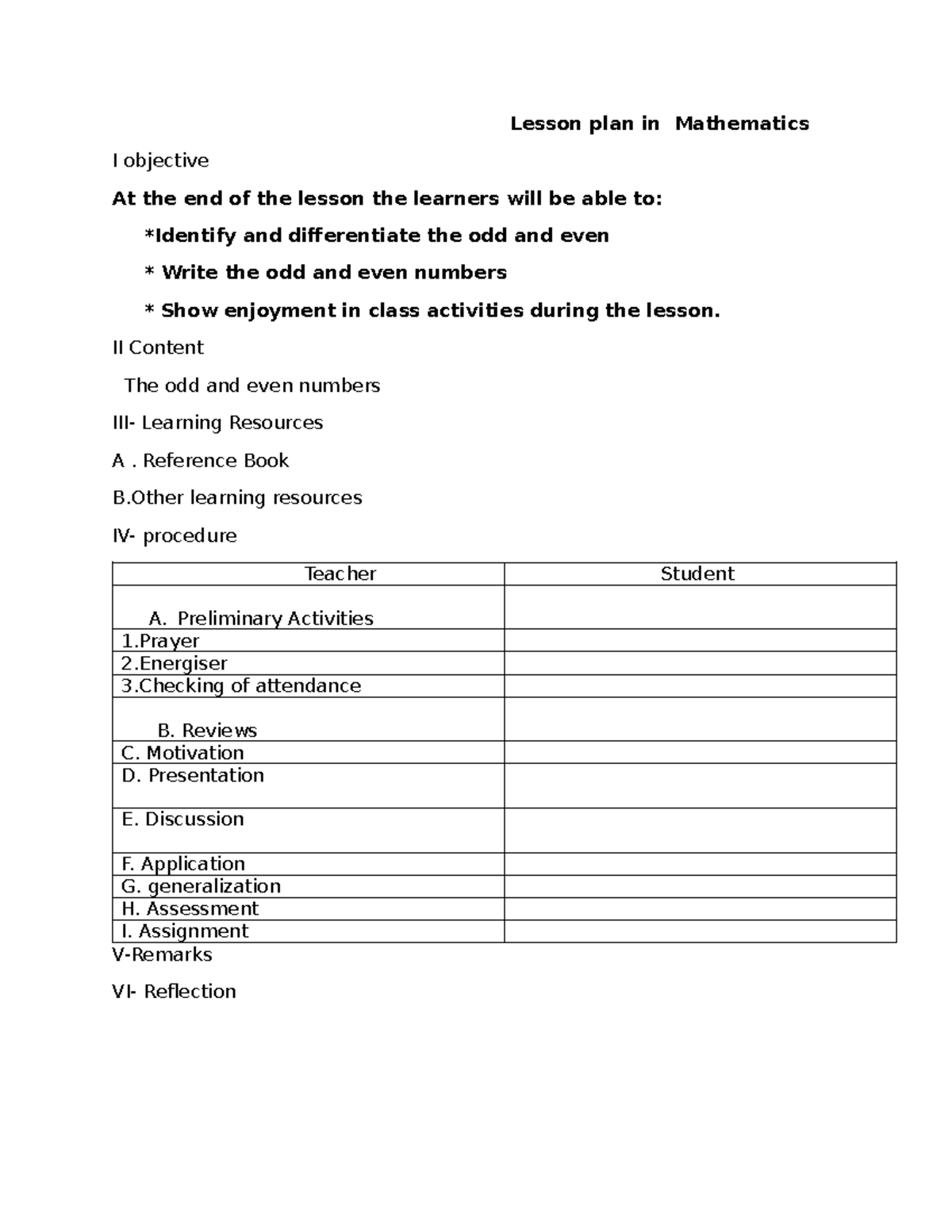 Lessons plan format - Lesson plan in Mathematics I objective At the end ...