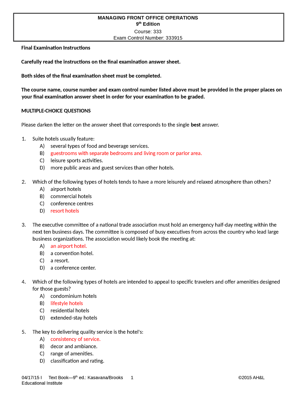 Managing front office operations mcqs Edied - Final Examination ...