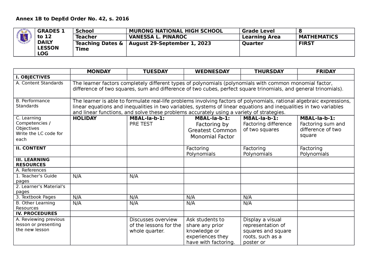 Q1 W1 Daily lesson Log - Annex 1B to DepEd Order No. 42, s. 2016 MONDAY ...
