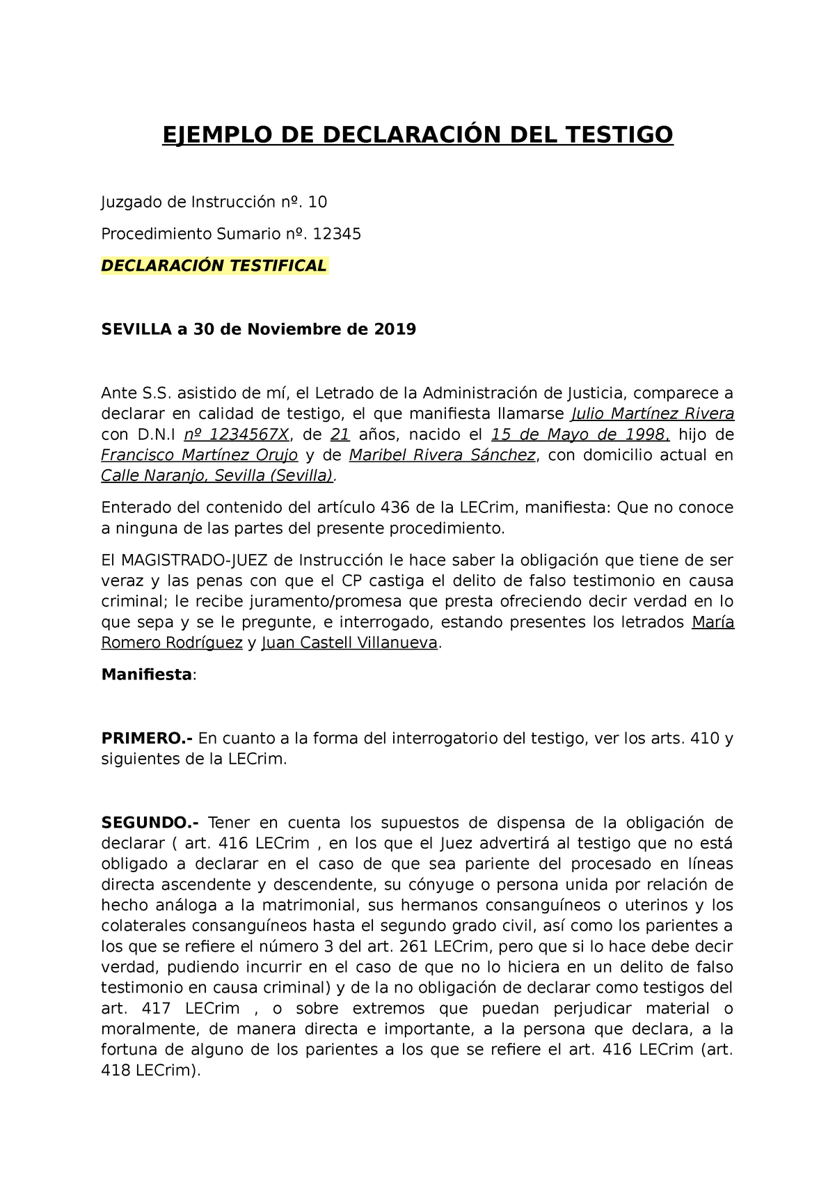 Declaración Testigo Procesal Penal Ejemplo De DeclaraciÓn Del Testigo Juzgado De Instrucción 8269