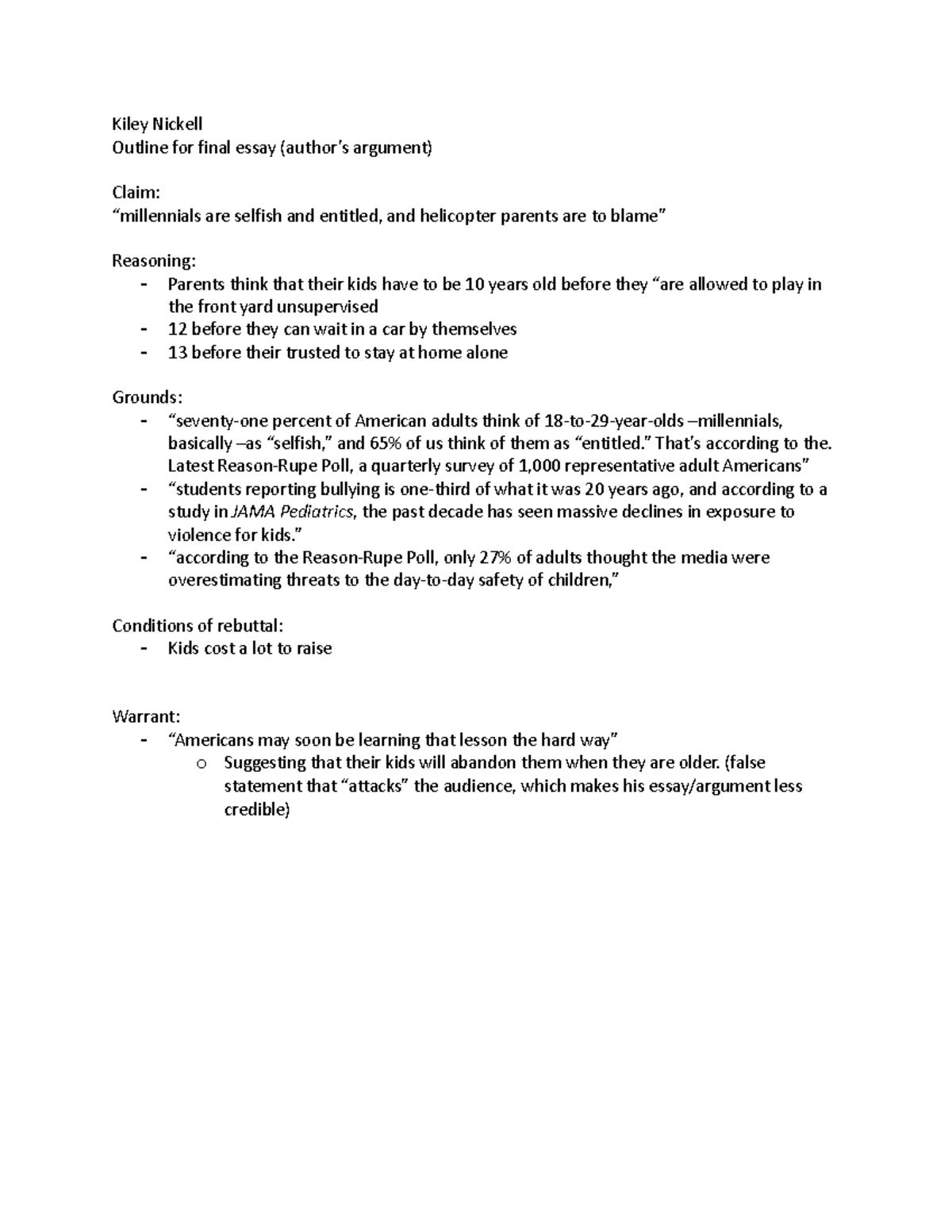 Outline for final essay (author's pov) - Kiley Nickell Outline for ...