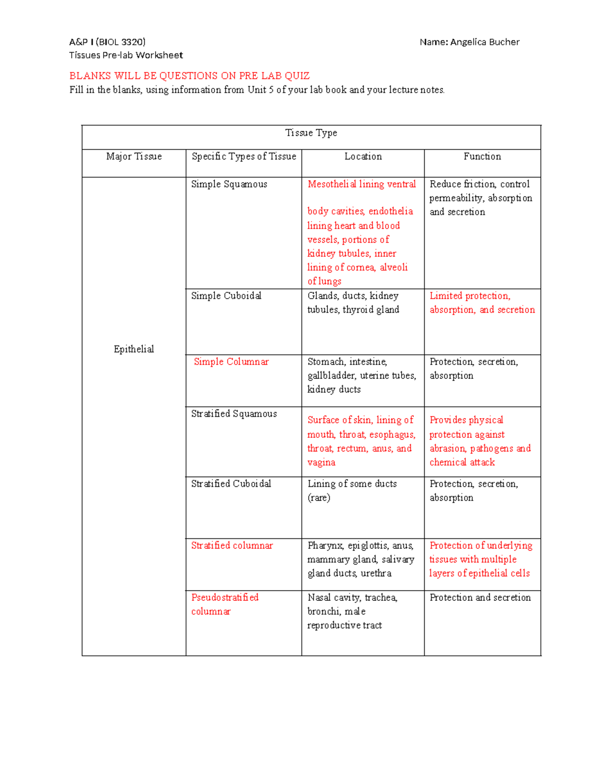 Lab 2 Prelab Tissue - pre lab 2 - Tissues Pre-lab Worksheet BLANKS WILL ...