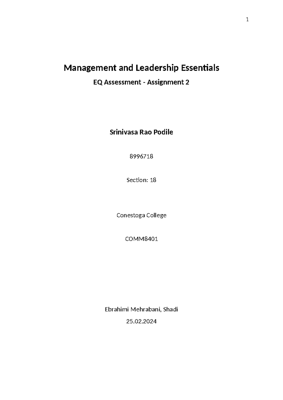 EQ Assessment A2 - This is assignment 2 - Management and Leadership ...