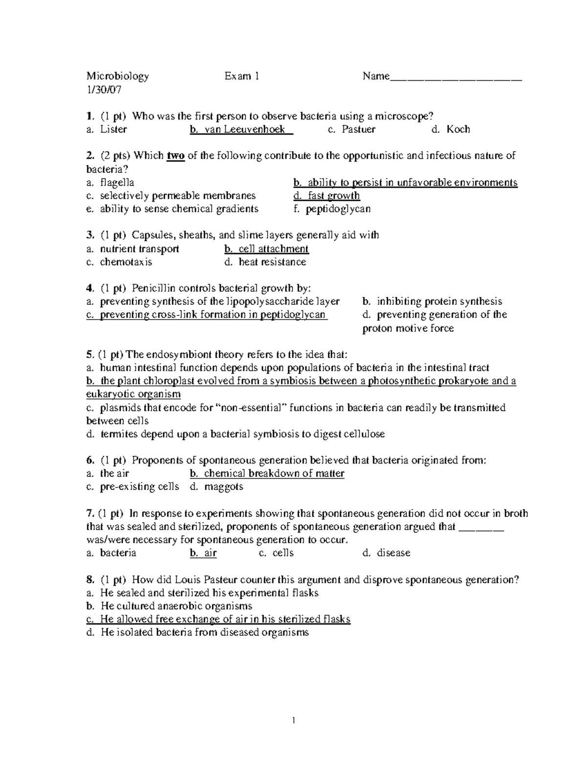 Basic bacteriology MCQS Microbiology Exam 1 Name