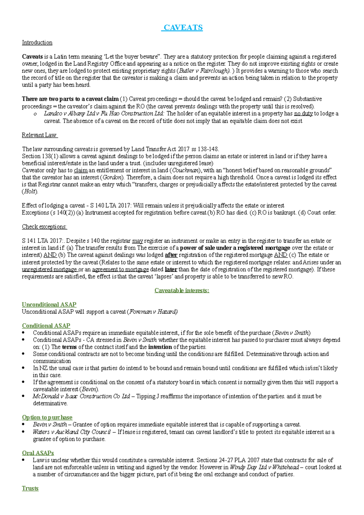 LAWS205 Final Exam Notes - CAVEATS Introduction Caveats is a Latin term ...