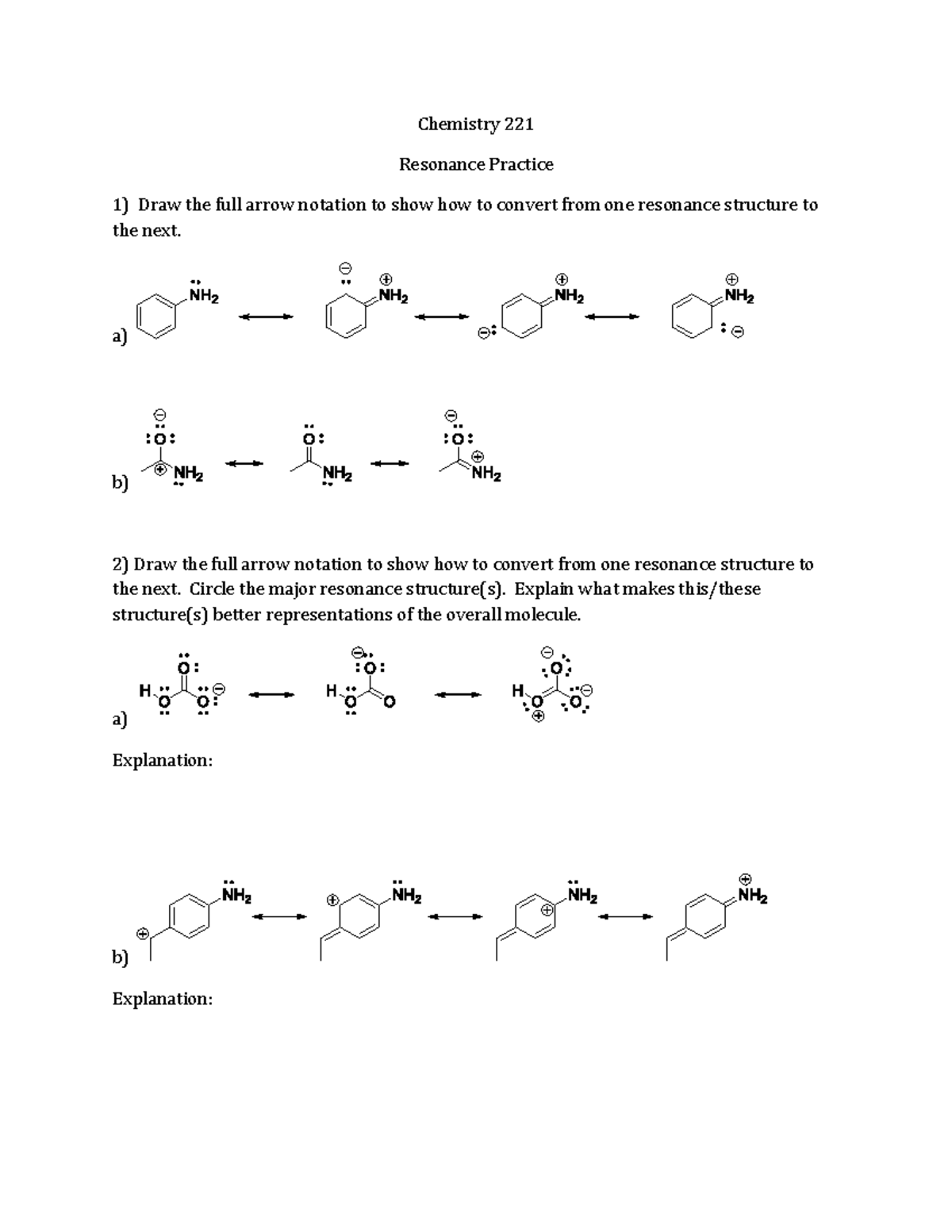 Chemistry 221 Resonance Practice 2 - Advanced - Chemistry 221 Resonance ...