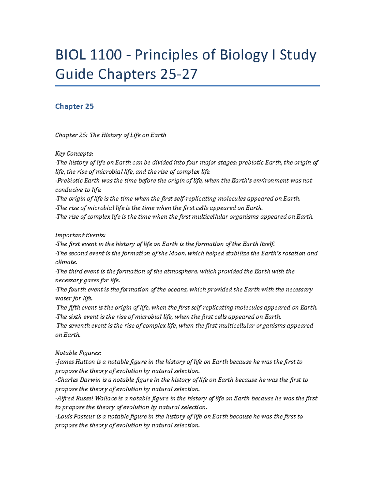 BIOL 1100 - Principles Of Biology I Study Guide Chapters 25-27 ...