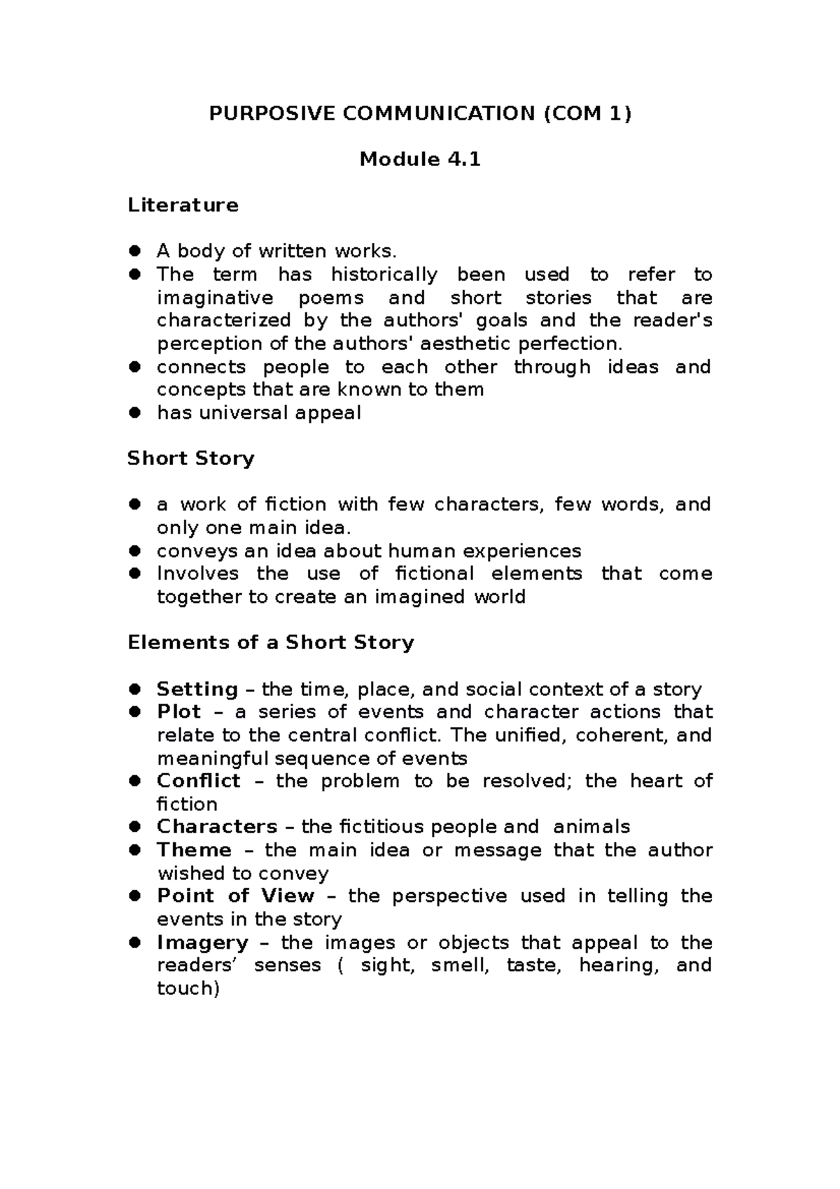 COM1 Module 4 Literature and Short story discussion materials