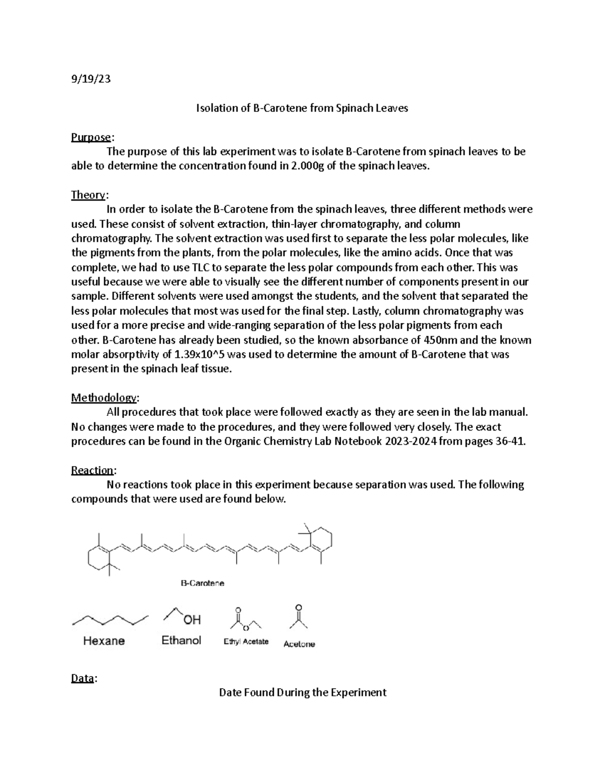 Experiment 5 - 9/19/ Isolation Of B-Carotene From Spinach Leaves ...