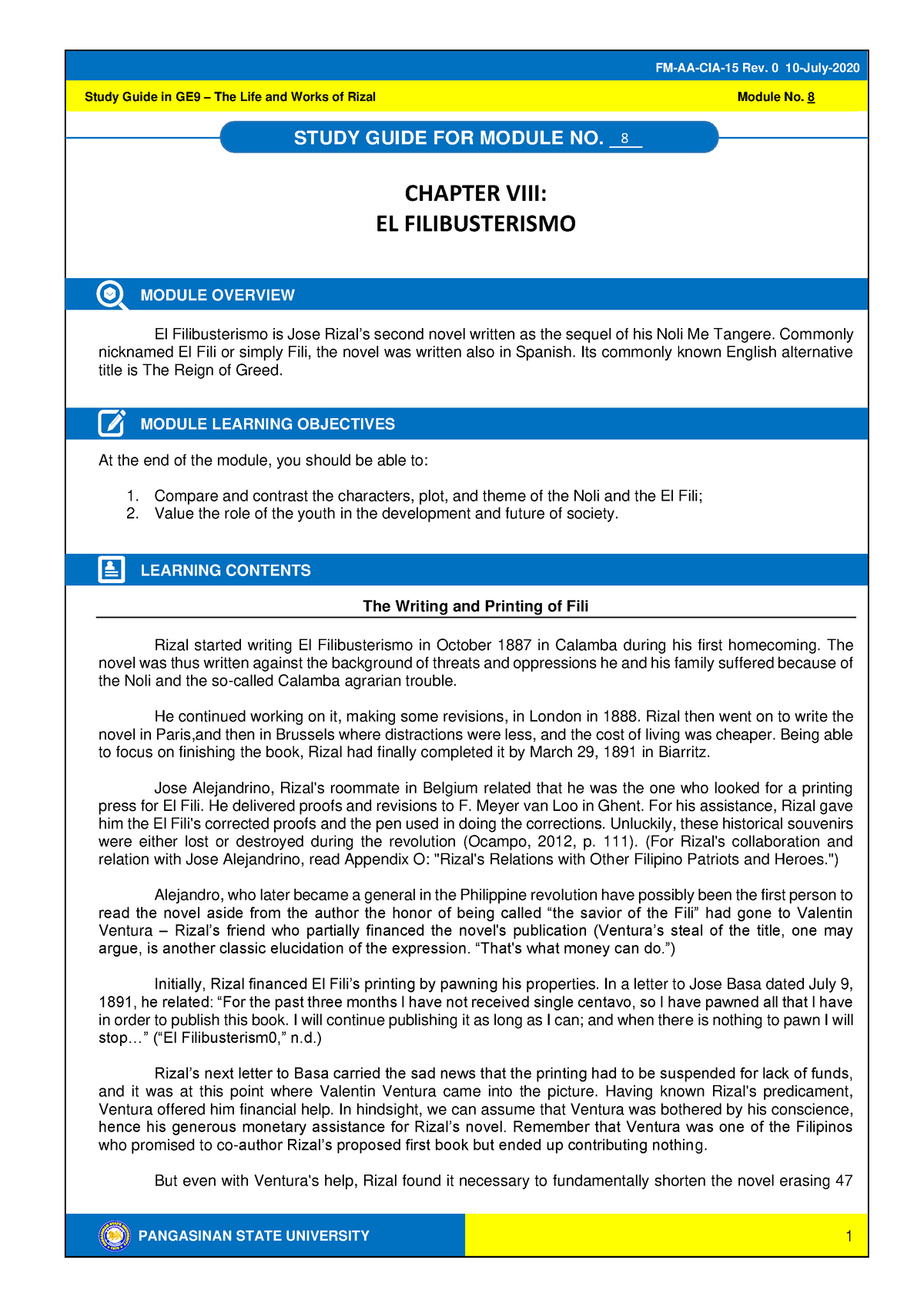 GE9 Module 8 El Filibusterismo 2 - PANGASINAN STATE UNIVERSITY Study ...