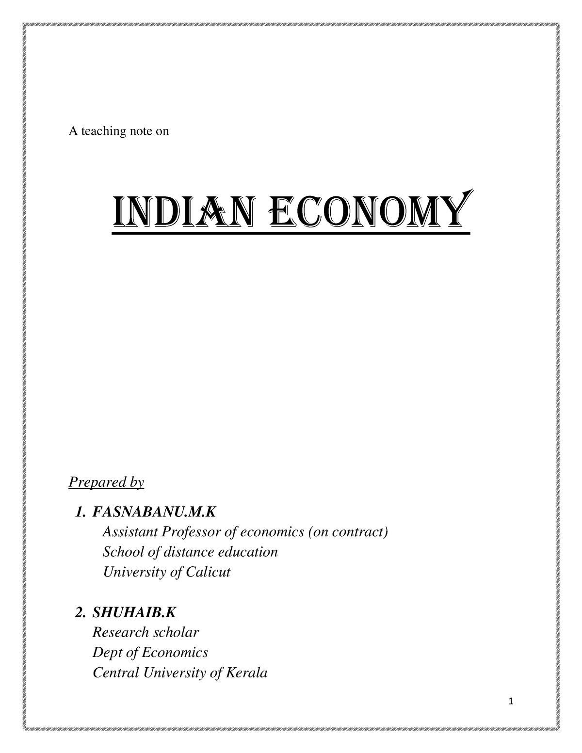 Indian Economy - Notes - A Teaching Note On Indian Economy Prepared By ...