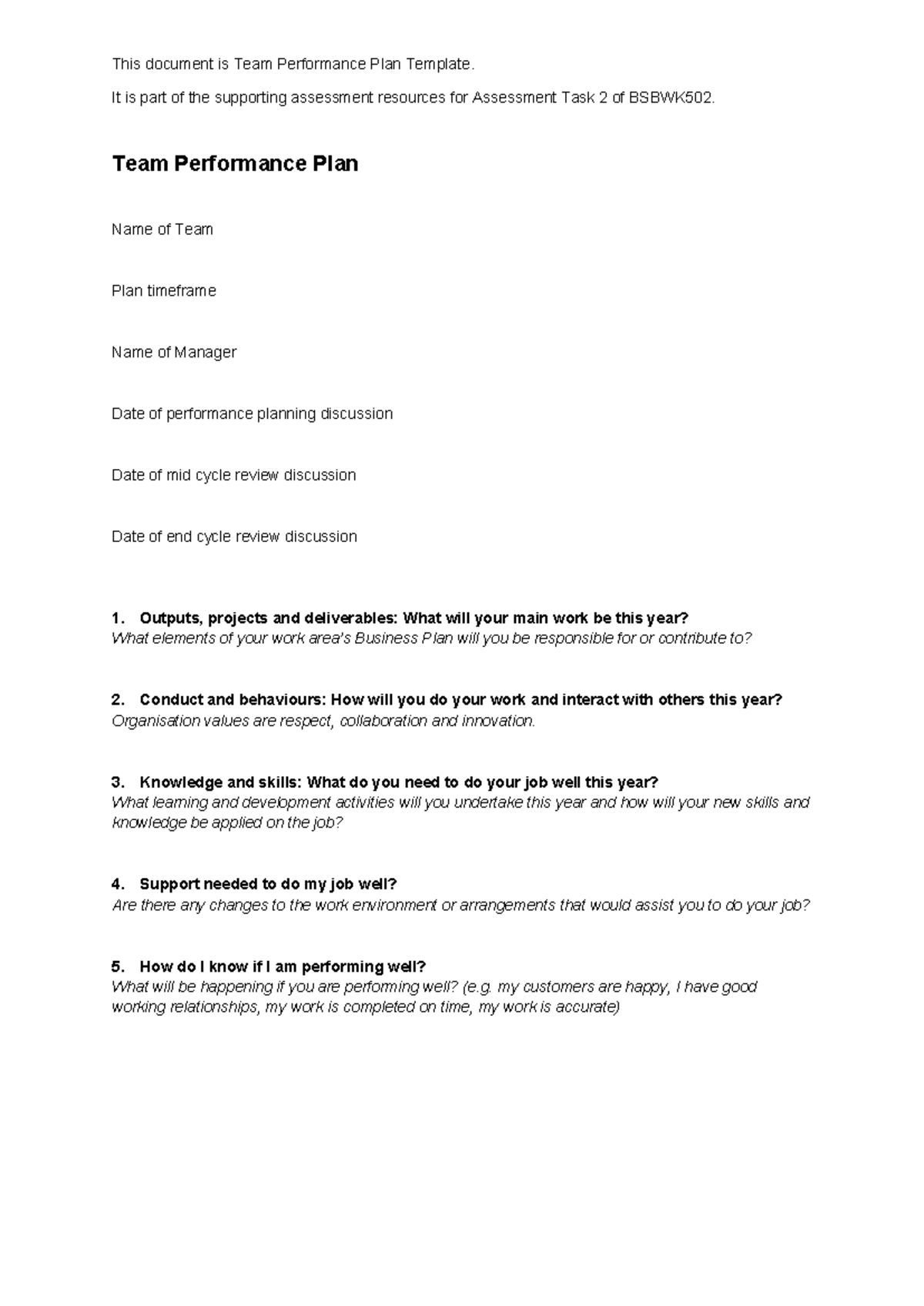 Team Performance Plan Template - It is part of the supporting ...