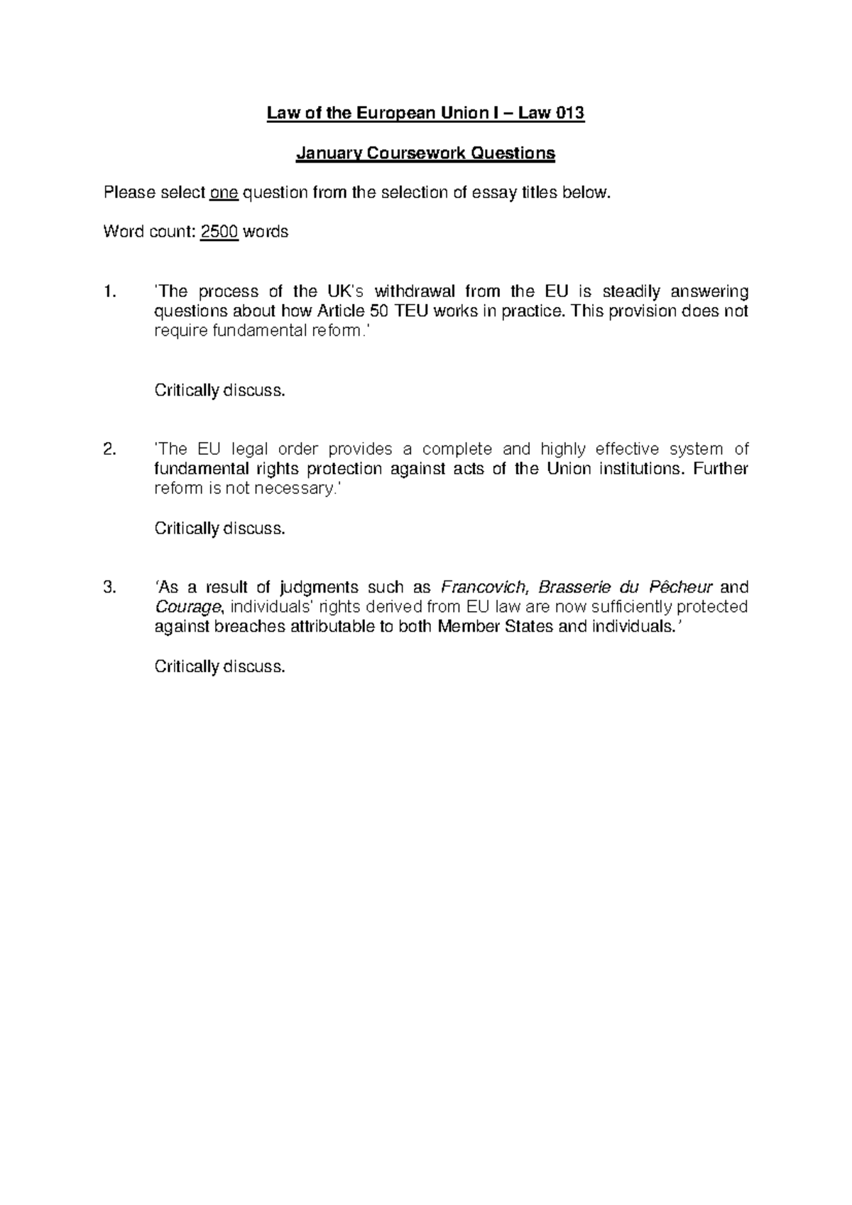 Coursework+2017-18 - Coursework - Law of the European Union I – Law 013 ...