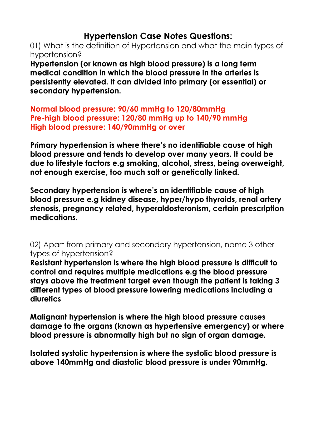 Hypertension Notes Questions Hypertension Case Notes Questions What