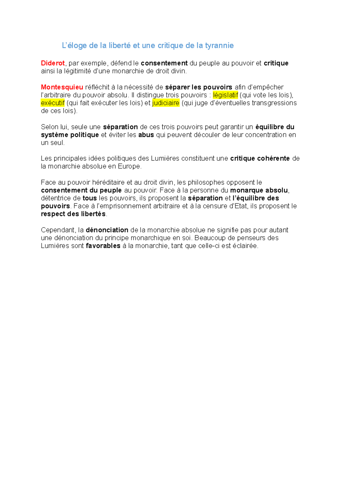 Exemple D Eloge Sur Une Personne L'éloge de la liberté - Montesquieu réfléchit à la nécessité de séparer les  pouvoirs afin d'empêcher - Studocu