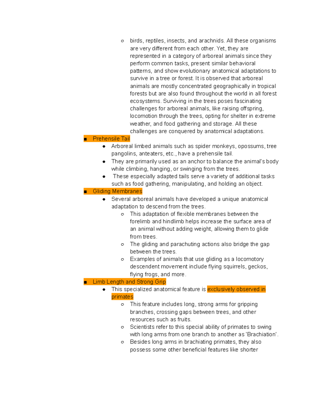 Arboreal Definition, Biomechanics of Trees, Adaptions birds
