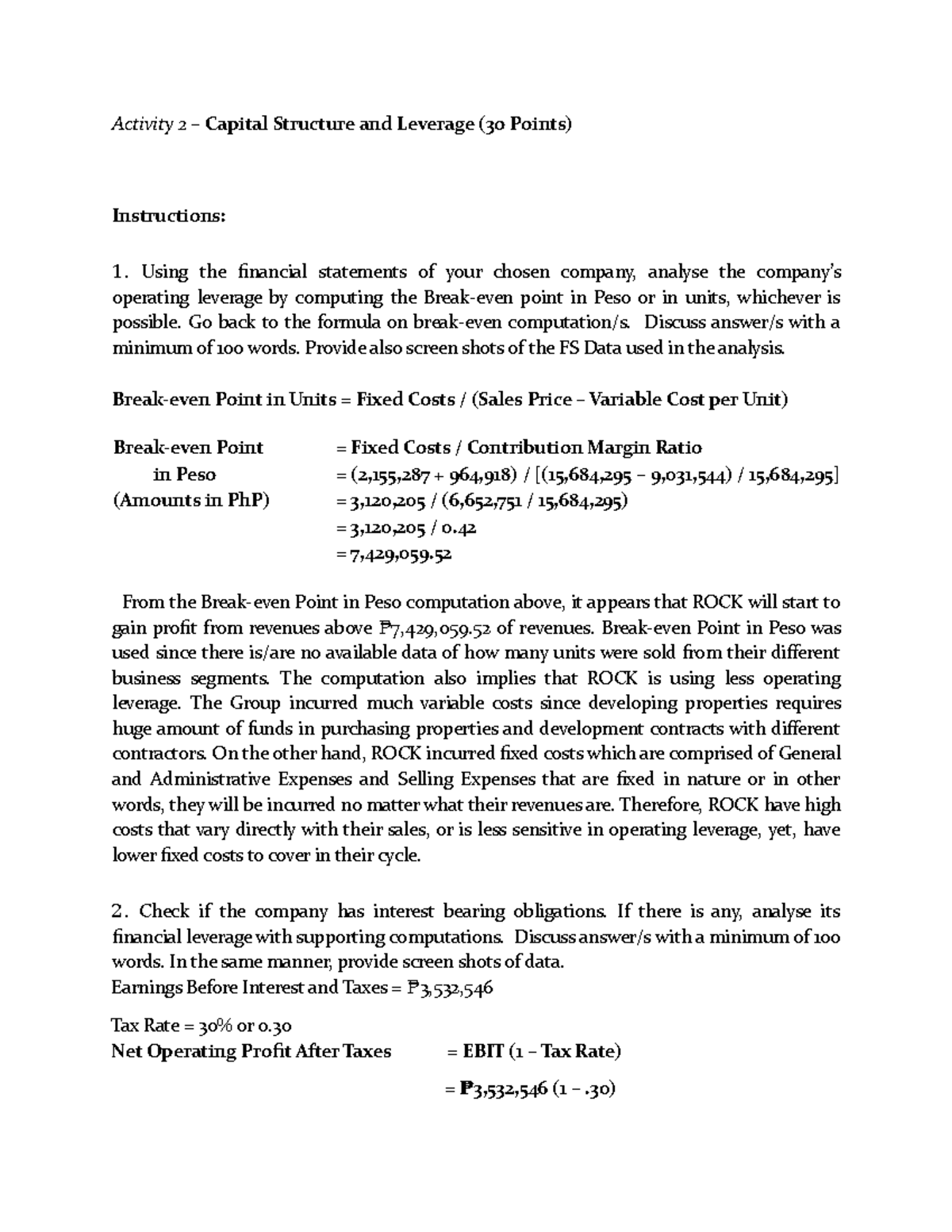 Financial Management 2 Activity 2 - Activity 2 – Capital Structure and ...