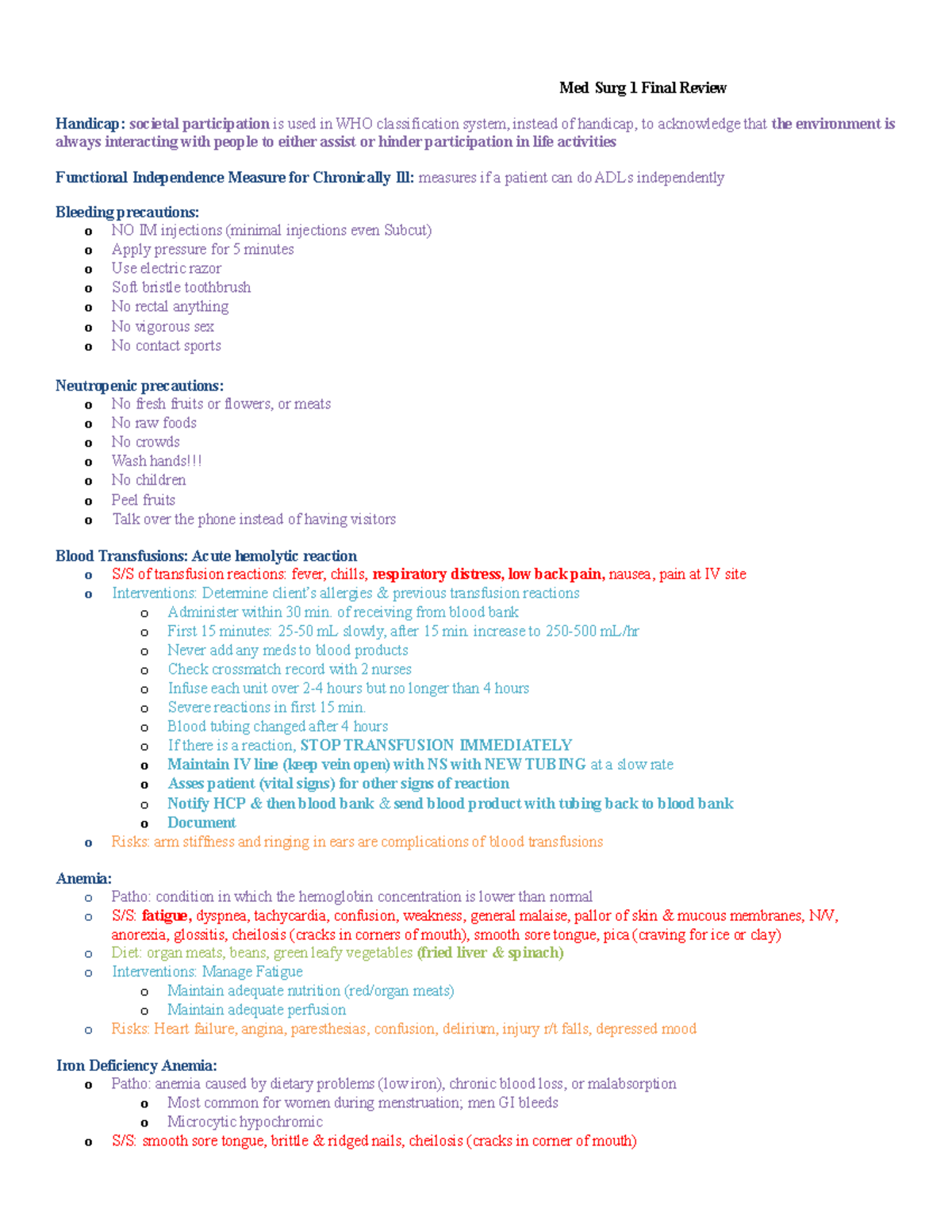 Med Surg Final Exam Review By Me - Med Surg 1 Final Review Handicap ...