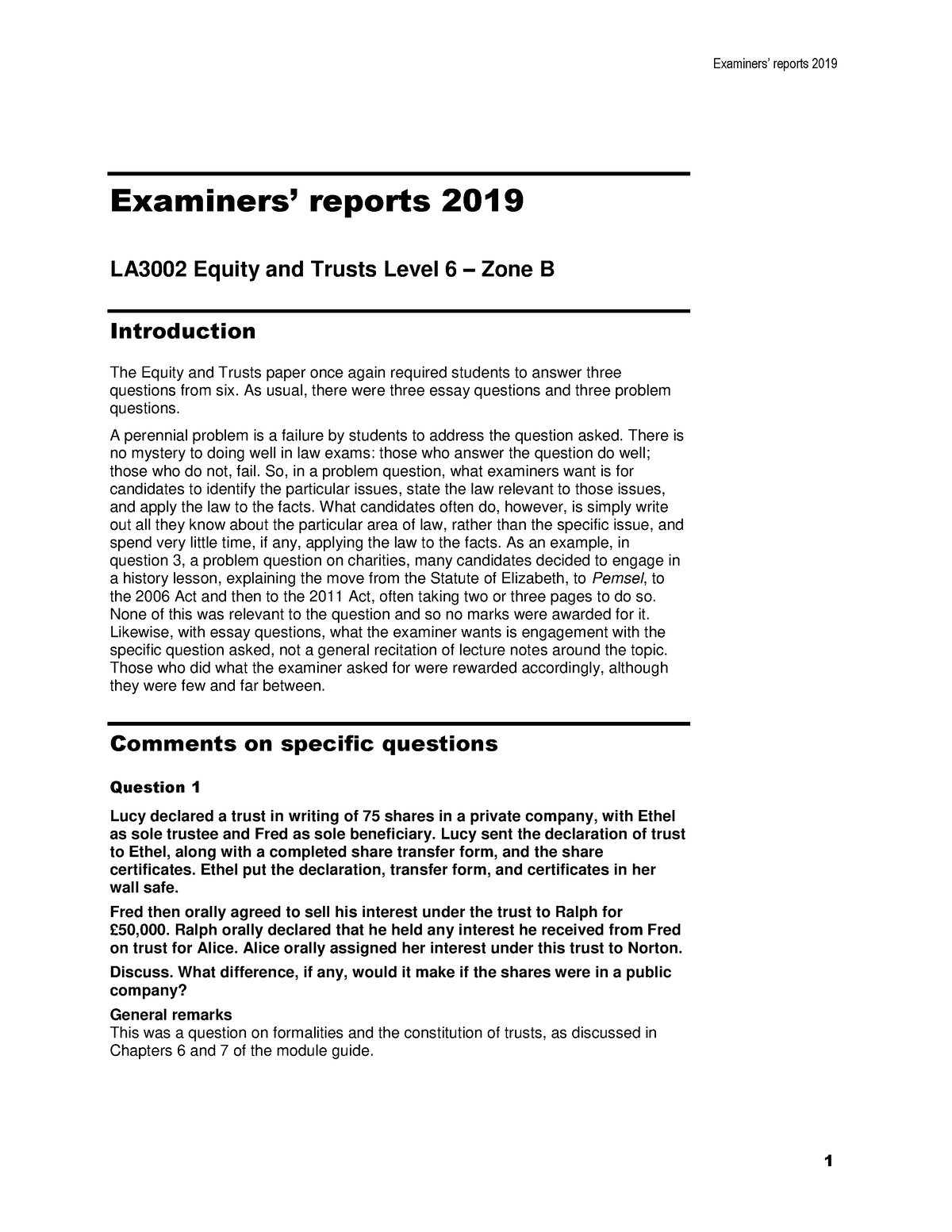 Trusts L6 Report 2019 B - Examiners’ Reports 201 9 Examiners’ Reports ...