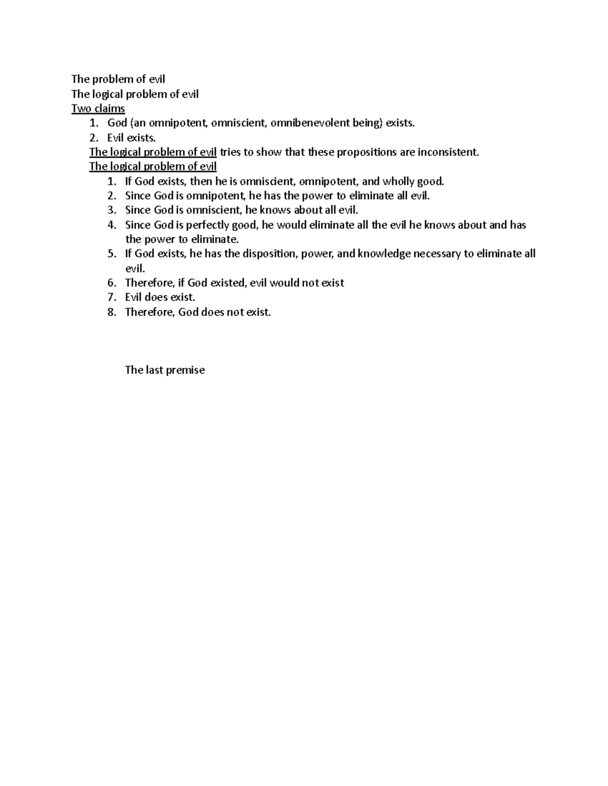 The problem of evil - notes - The problem of evil The logical problem ...