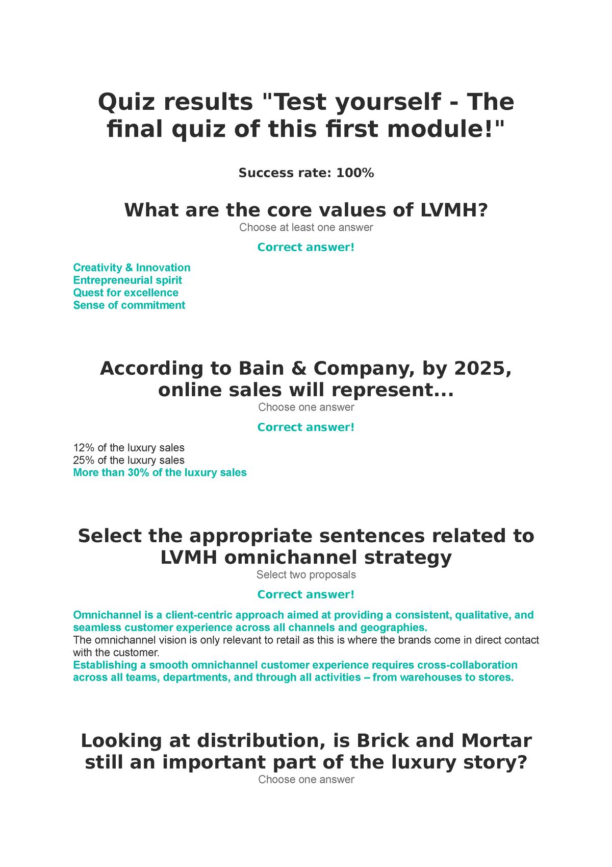 Final QUIZ 1 - Inside LVMH - Quiz results "Test yourself - The final  quiz of this first - Studocu
