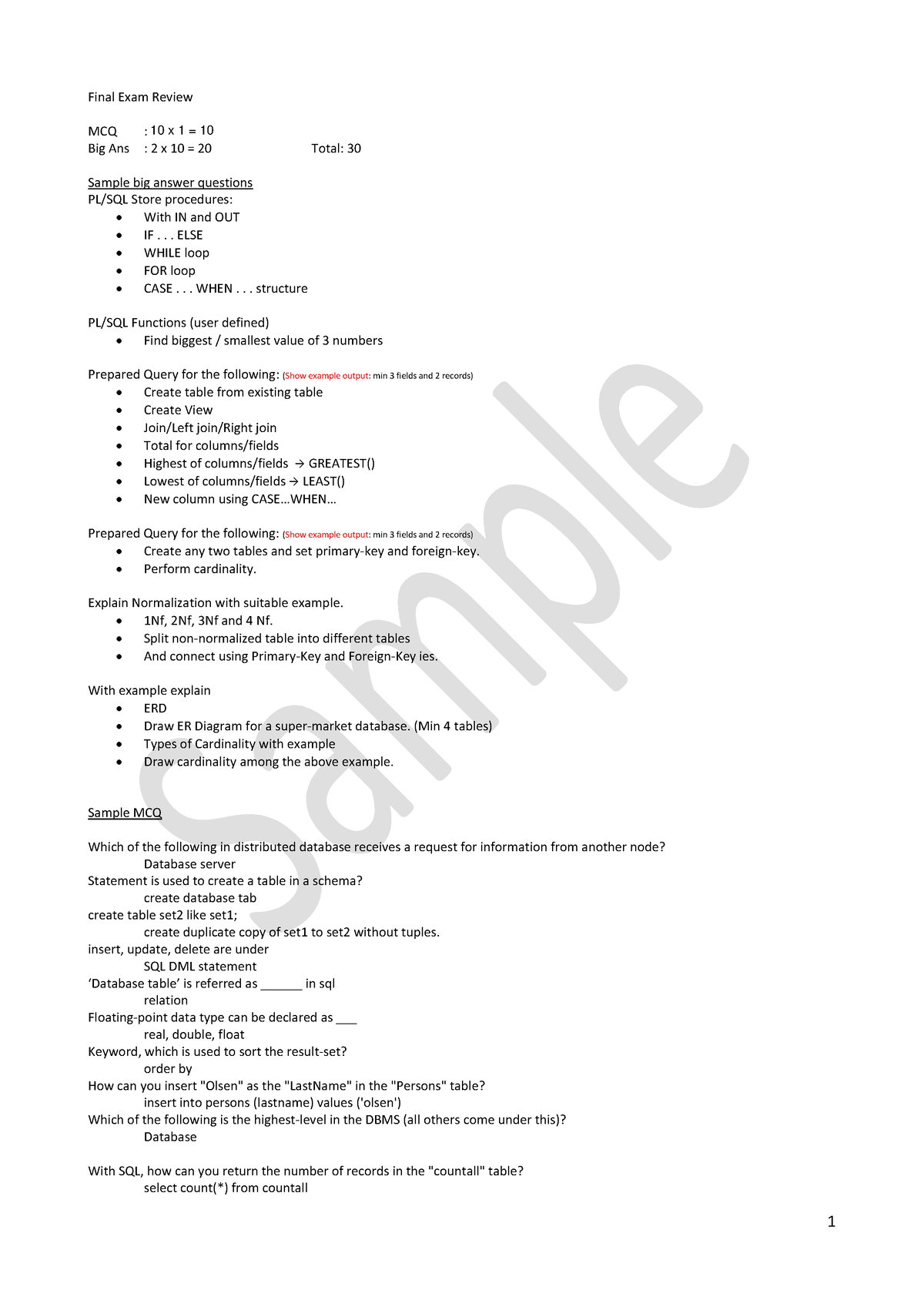 400 MOCK TEST 1 - 3 Sections - 1 Final Exam Review MCQ : 1 X 10 = 10 ...