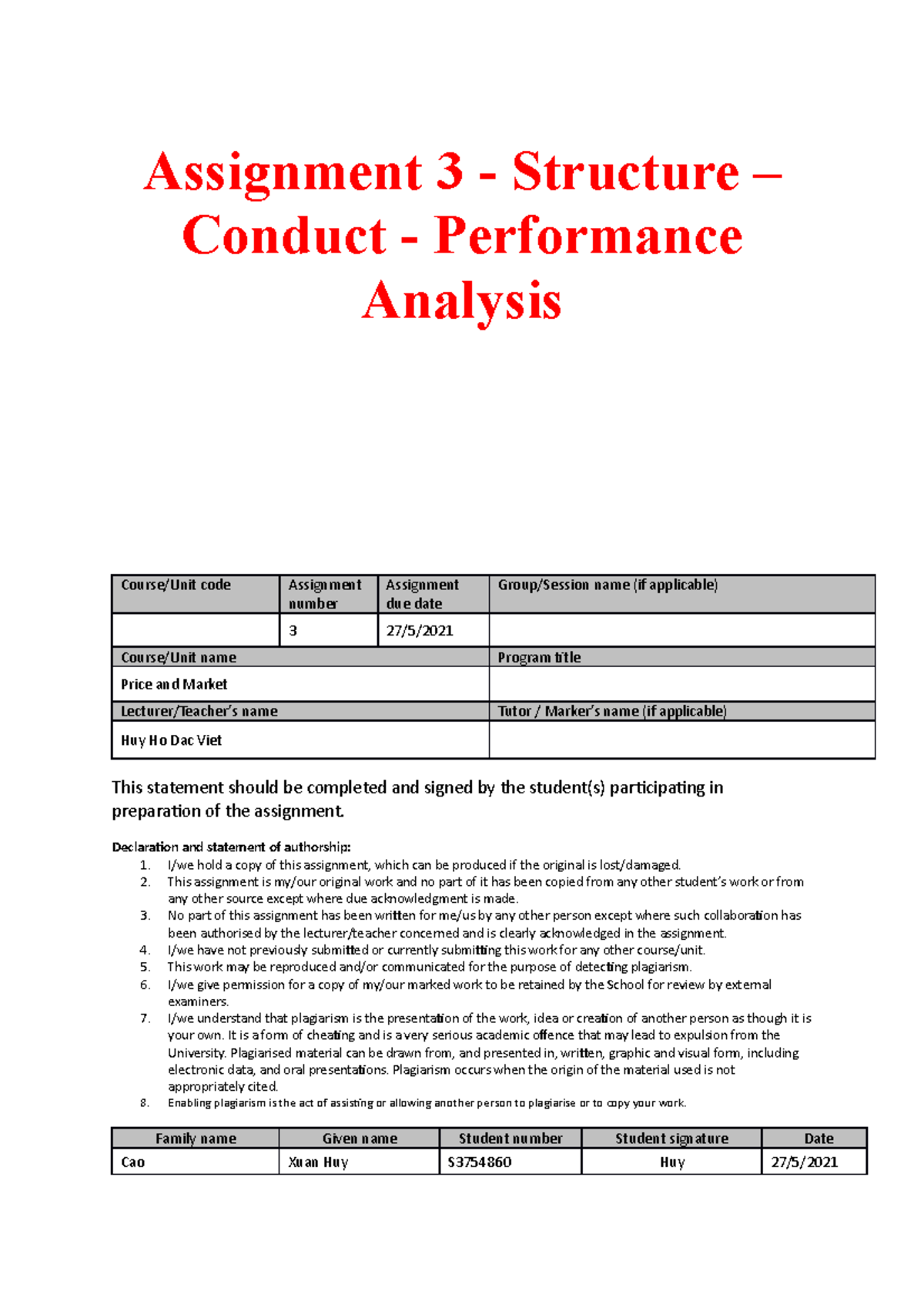 assignment on market structures