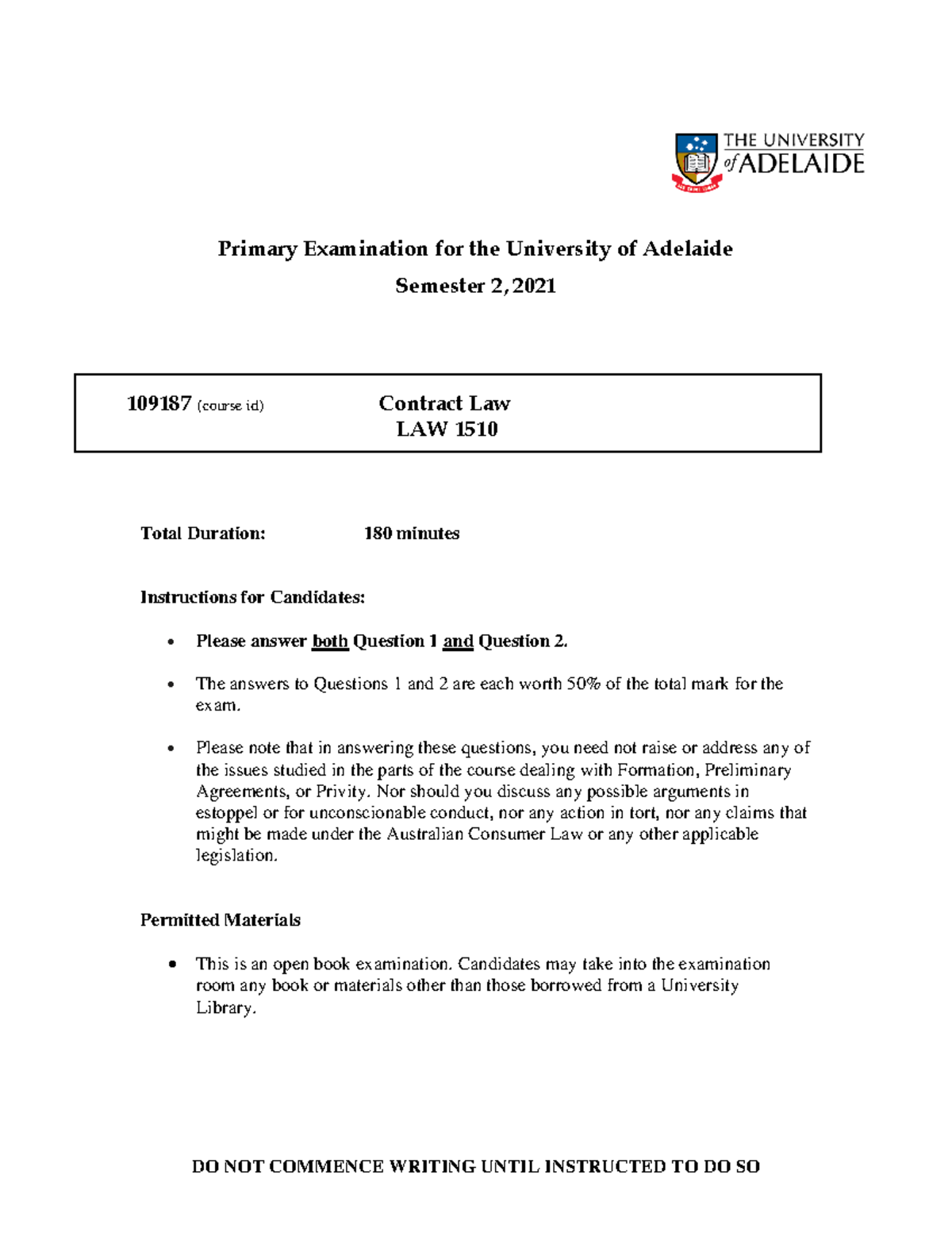 Contract Law 2021 exam - Notes - DO NOT COMMENCE WRITING UNTIL ...