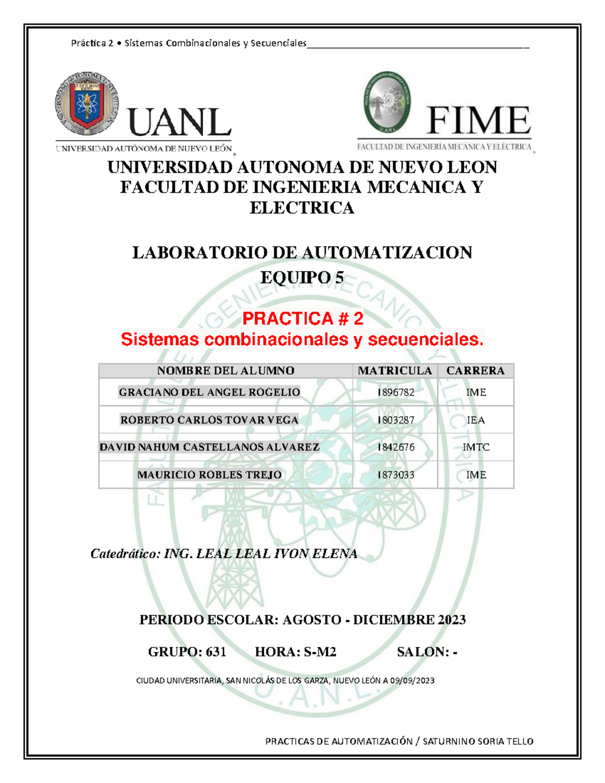 Practica 2 Equipo 5 Lab Auto - UNIVERSIDAD AUTONOMA DE NUEVO LEON ...