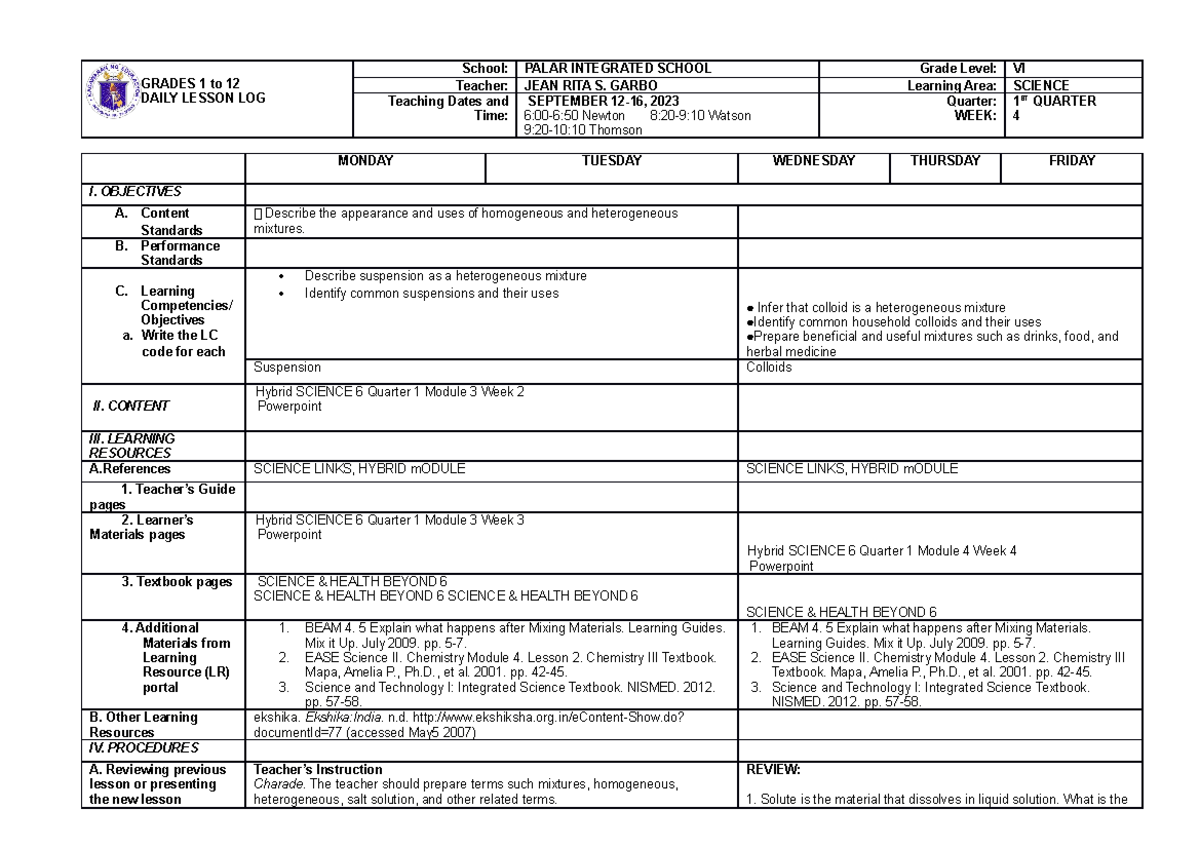 DLL Q1W4 - Daily Lesson Log - GRADES 1 to 12 DAILY LESSON LOG School ...