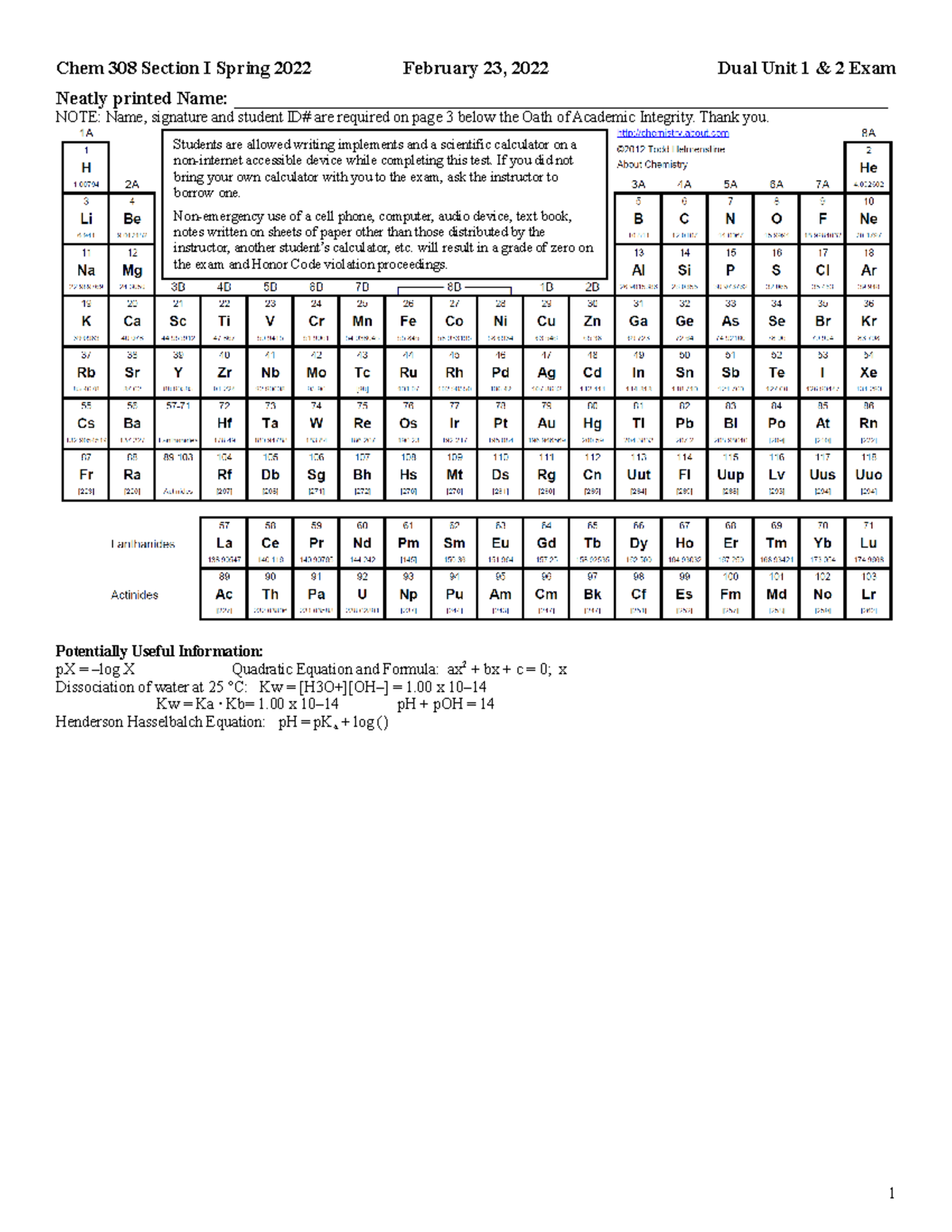 Dual Unit 1 & 2 exam cover sheet - Chem 308 Section I Spring 2022 ...