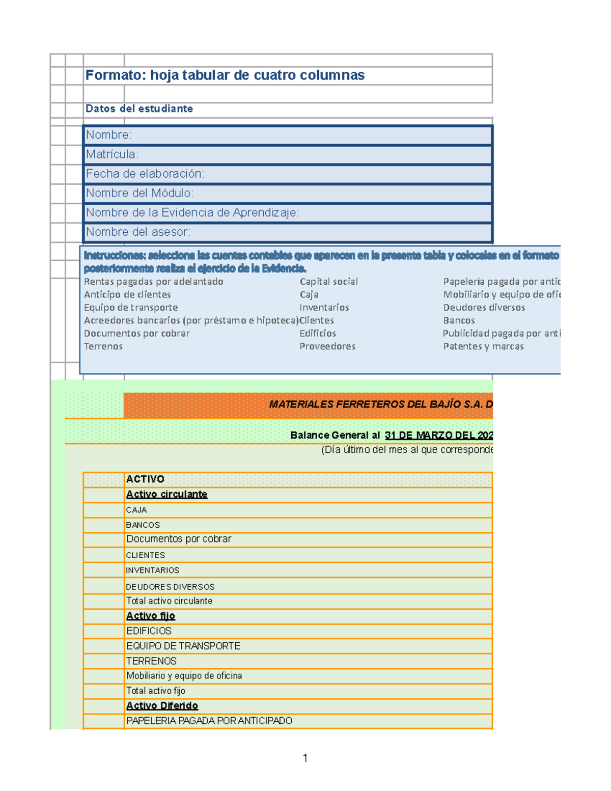 Balance general - Formato: hoja tabular de cuatro columnas Datos del ...