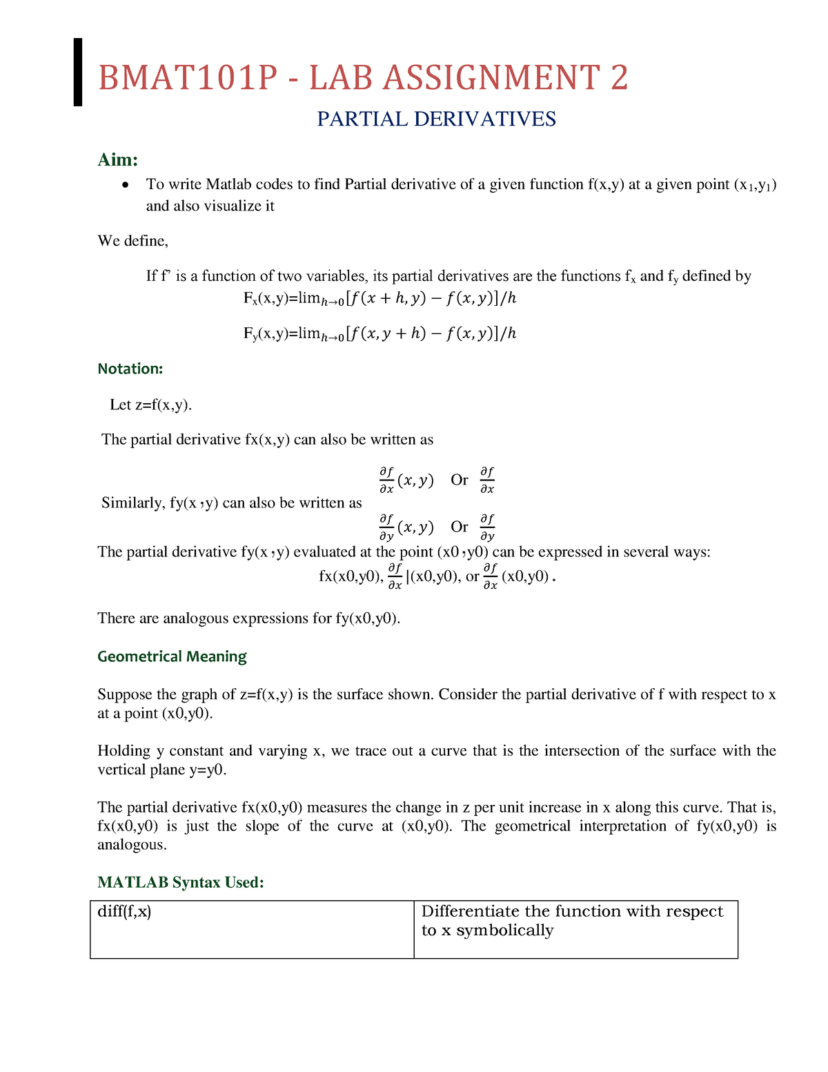 Calculus Lab Assignment 2 - BMAT101P - LAB ASSIGNMENT 2 PARTIAL ...