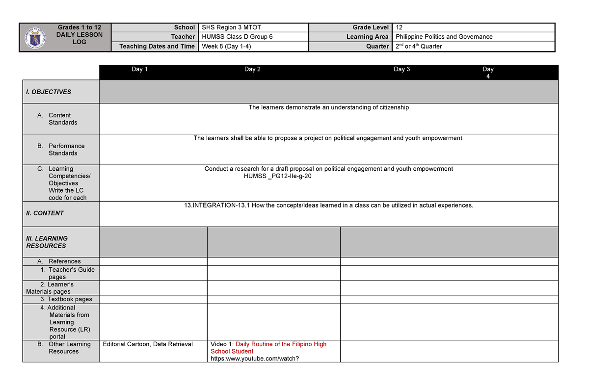 Ppg Q2 Week Ef - Integration - Grades 1 To 12 Daily Lesson Log School 