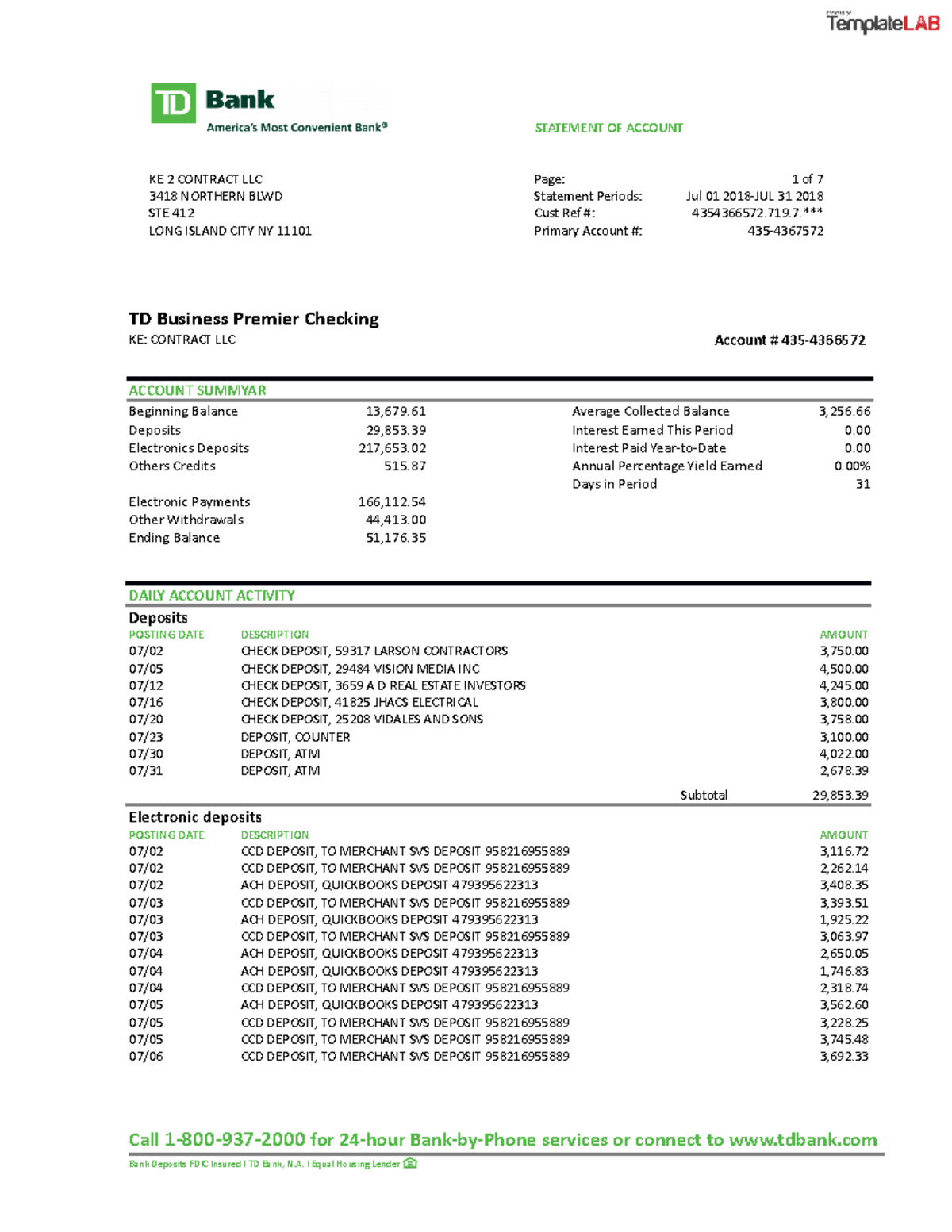 TD Bank Statement Template Lab STATEMENT OF ACCOUNT KE 2 CONTRACT 