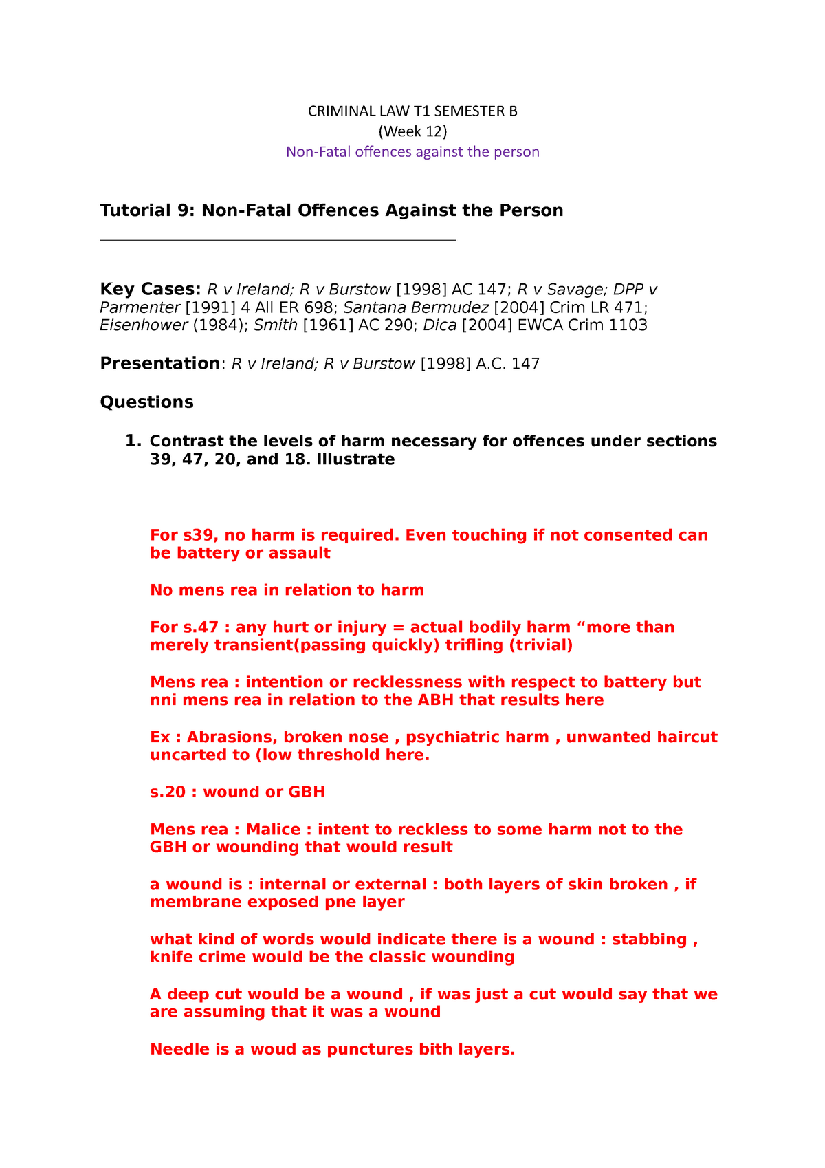 Criminal LAW T1 Semester B - CRIMINAL LAW T1 SEMESTER B (Week 12) Non ...