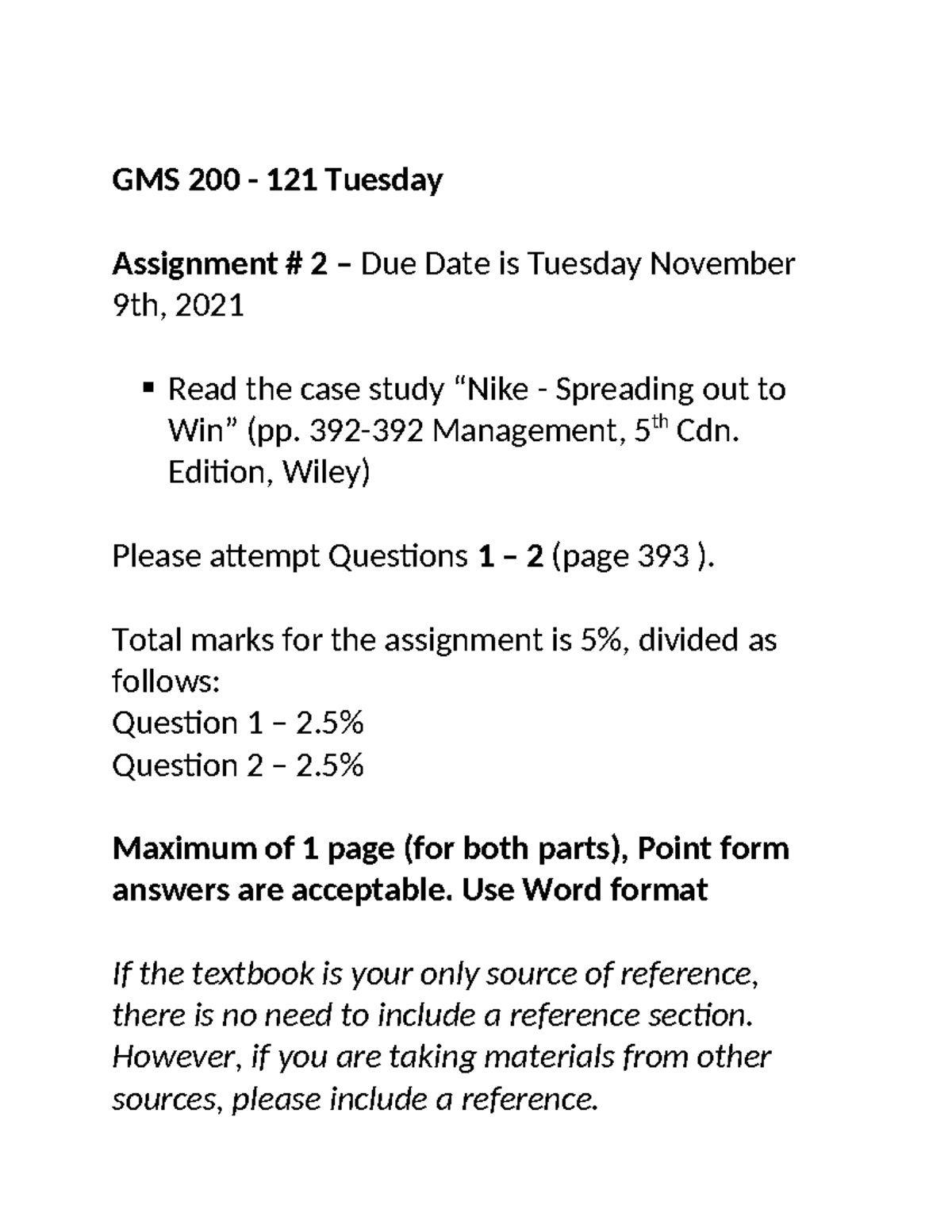 Mini-Assignment #2 Nov9 - GMS 200 - 121 Tuesday Assignment # 2 – Due ...