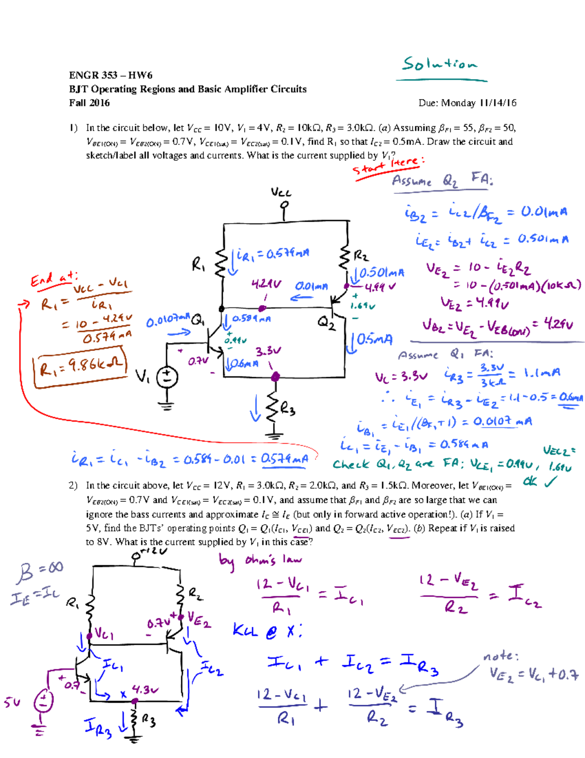 Engr353 Hw6 Soln Fa16 - Homework Number 6 - ENGR 353 HW6 BJT Operating ...