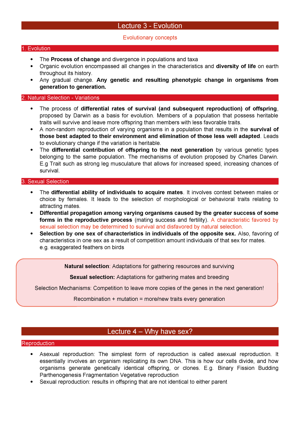 Summary notes of lectures - Lecture 3 - Evolution Evolutionary concepts ...