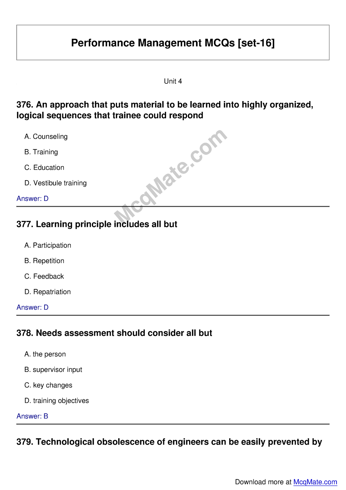 Performance Management Solved MCQs [set-16] Mcq Mate - Performance ...