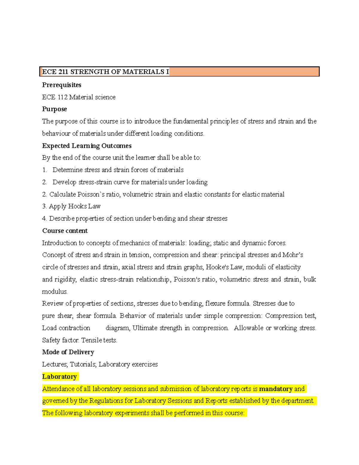 Strength OF Materials Laboratory Practicals - ECE 211 STRENGTH OF ...